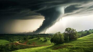 tornado dentro tormentoso paisagem, trovão tempestade, clima mudar, natural desastre, generativo ai ilustração foto