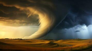 tornado dentro tormentoso paisagem, trovão tempestade, clima mudar, natural desastre, generativo ai ilustração foto