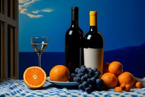 folha azul videira grupo grupo garrafa vinho laranja uvas beber vintage álcool foto