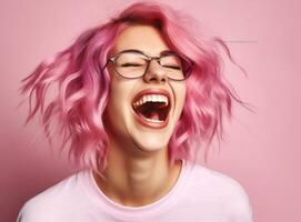 mulher pessoa face fofa feliz na moda expressão cabelo beleza Rosa espantado. generativo ai. foto