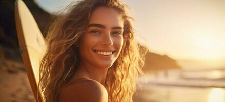 mulher lado de fora atraente pôr do sol mar retrato feliz prancha de surfe surfar sorrir verão branco relaxar estilo de vida adulto natureza foto