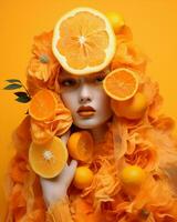 mulher amarelo engraçado moda retrato glamour laranja fundo beleza fruta Comida Maquiagem foto