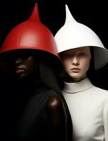 atraente chapéu branco chique moda estúdio Preto arte vermelho mulheres beleza voga colorida foto