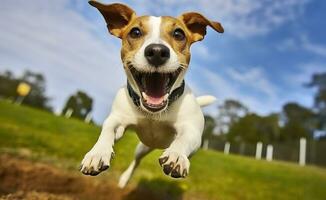 jack Russel pároco cachorro corre em direção a a Câmera baixo ângulo Alto Rapidez tomada. ai gerado foto