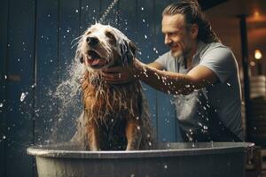 uma cachorro é ser lavado de uma homem ai generativo foto