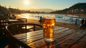 delicioso frio luz Cerveja dentro uma vidro em uma mesa em a de praia dentro verão foto