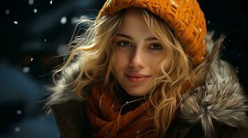 lindo jovem mulher dentro uma caloroso Jaqueta e chapéu ao ar livre, Natal Novo ano festivo lindo inverno fundo foto