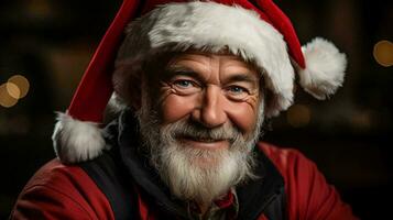 uma homem com uma barba dentro uma vermelho Jaqueta e santa claus chapéu sorrisos às a Câmera, Natal Novo ano festivo lindo inverno fundo foto