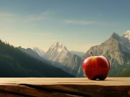 a maçã é colocada em uma mesa dentro frente do uma montanha alcance ai generativo foto