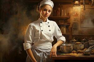 retrato do uma lindo jovem mulher cozinhar dentro uma restaurante cozinha, fêmea chefe de cozinha dentro cozinha, ai gerado foto