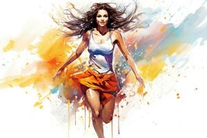 moda ilustração do uma lindo jovem mulher pulando dentro a ar, moda ilustração do uma lindo jovem mulher corrida com colorida salpicos, ai gerado foto