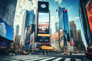 s quadrado, destaque com Broadway teatros e enorme número do conduziu sinais, é uma símbolo do Novo Iorque cidade e a Unidos estados, famoso vezes quadrado ponto de referência dentro Novo Iorque centro da cidade, ai gerado foto