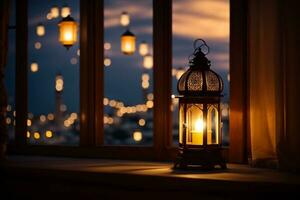 uma lanterna com a luz brilhando através a janela global iluminação mesquita dentro fundo longe longe generativo ai foto