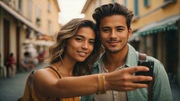 casal viagem e levar uma selfie em período de férias. ai gerado foto
