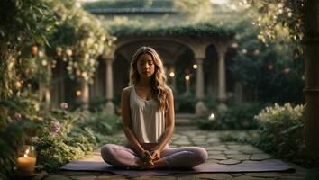 jovem menina ioga prática dentro uma mágico jardim. ai gerado foto