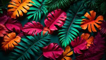 criativo fluorescente cor disposição fez do tropical folhas. plano deitar néon cores. natureza conceito.. ai gerado foto