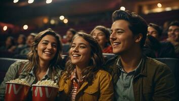uma jovem alegre casal é com seus filha dentro a cinema. ai gerado foto