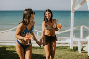 sorridente jovem mulheres dentro bikini desfrutando período de férias em a de praia foto