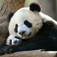 uma mãe panda e dela filhote aconchegado acima juntos para uma sesta foto