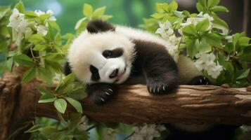 uma bebê panda cochilando em uma árvore filial, cercado de exuberante vegetação foto