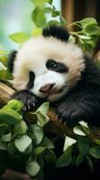 uma bebê panda cochilando em uma árvore filial, cercado de exuberante vegetação foto