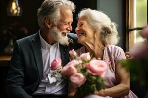 Senior casal desfrutando uma ramalhete cada de outros amor foto