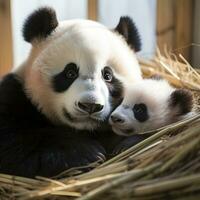 uma mãe panda e dela filhote aconchegado acima juntos para uma sesta foto