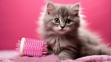 brincalhão cinzento gatinho ser penteado com uma minúsculo Rosa escova foto
