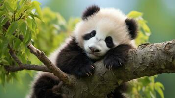 uma bebê panda cochilando em uma árvore filial, cercado de exuberante vegetação foto