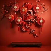 chinês lanternas com ventilador fundo em uma vermelho fundo foto