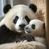 uma mãe panda e dela filhote aconchegado acima juntos para uma sesta foto