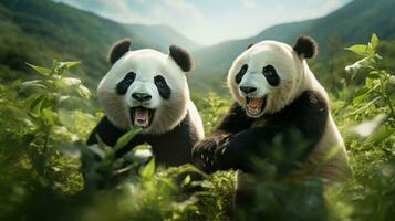 dois pandas de brincadeira luta livre dentro uma gramíneo campo foto