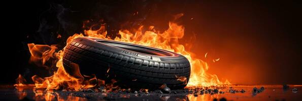 carro pneu dentro fogo em Preto fundo com ampla cópia de espaço foto