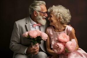 Senior casal desfrutando uma ramalhete cada de outros amor foto