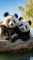 dois pandas sentado juntos olhando conteúdo e relaxado foto