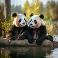 dois pandas sentado juntos olhando conteúdo e relaxado foto