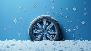 carro pneu com realista flocos de neve em azul fundo foto