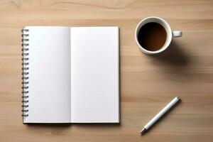 em branco caderno com branco folhas e caneta em uma de madeira mesa. o negócio conceito foto