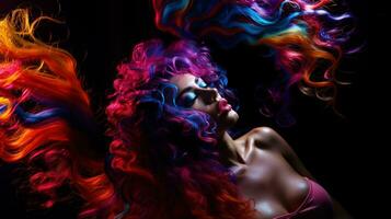 lindo jovem mulher com colorida cabelo em Preto fundo. foto