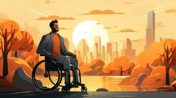 Desativado homem dentro uma cadeira de rodas em a fundo do a cidade. vetor ilustração. foto