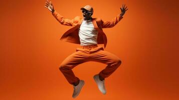 à moda africano americano homem dentro laranja terno e oculos de sol pulando em laranja fundo. foto