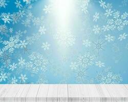 de madeira plataforma com branco luz azul floco de neve fundo foto