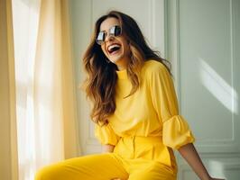 alegre mulher com encaracolado cabelo dentro com estilo retrô vestir contra amarelo fundo foto