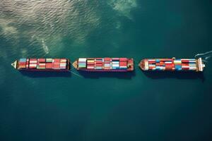 aéreo Visão do carga recipiente navio dentro a mar. frete transporte conceito, quatro recipiente navios vela através a oceano dentro isto aéreo fotografia, ai gerado foto