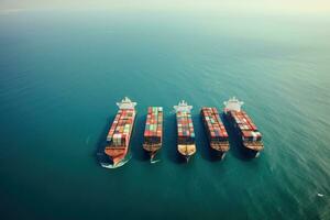 aéreo Visão do recipiente navio dentro mar. carga frete enviar, quatro recipiente navios vela através a oceano dentro isto aéreo fotografia, ai gerado foto