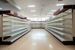 interior do uma moderno farmácia com prateleiras e linhas do prateleiras, Comida escassez dentro uma genérico supermercado. esvaziar prateleiras, ai gerado foto