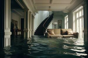 luxo interior do uma clássico apartamento com natação piscina. 3d Renderização, inundado casa com quartos cheio do água, ai gerado foto
