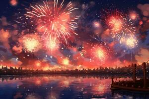 fogos de artifício sobre a cidade às noite com uma barco dentro a primeiro plano, fogos de artifício dentro a céu, ai gerado foto