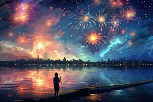 mulher em pé em a cais e olhando às fogos de artifício dentro a noite céu, fogos de artifício dentro a céu, ai gerado foto