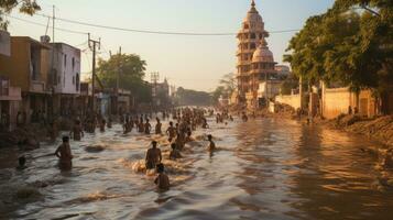 hindu devotos tomando banho dentro a piedosos ganga rio às pôr do sol. foto